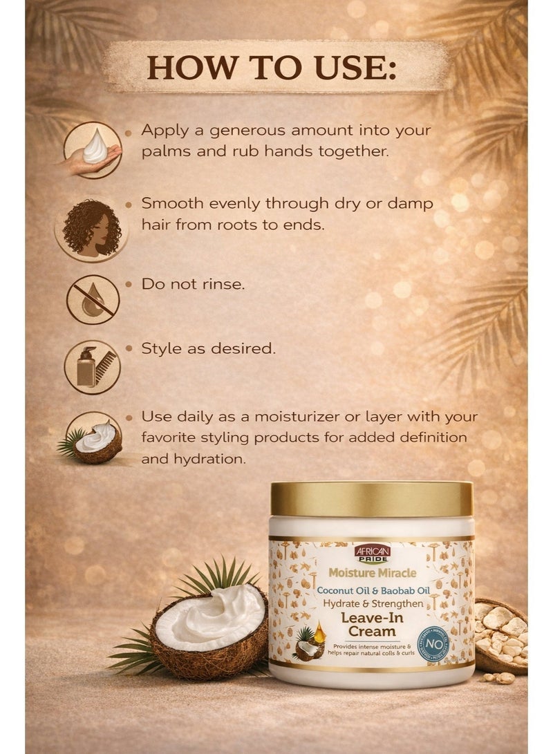 African Pride Moisture Miracle Leave-In Cream 15 Oz – Coconut Oil & Baobab Oil | Hydrates & Strengthens Curly & Coily Hair - Image 2